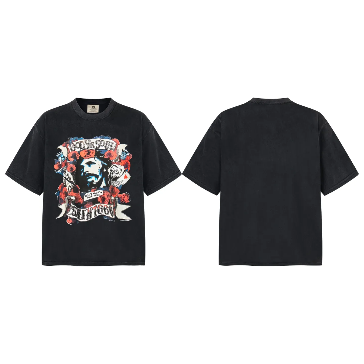 VT9269 P130💰 Saint Michael Rose Jesus Portrait "body&soul" Direct Ink Printing Retro Washed Distressed Short Sleeve T-shirt Small Neck Design Digital Inkjet Printing High Street Retro Heavy Vintage Short Sleeve Size: S M L XL